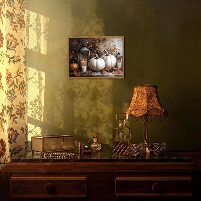Framed Vintage Fall Pumpkin Canvas Wall Art, Rustic Farmhouse Autumn Paintings Wall Decor, Thanksgiving Pumpkins Pictures Prints Aesthetic Home Decor for Living Room Kitchen Office 16×24 inch