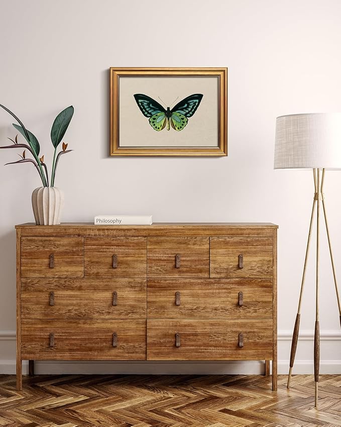 Bzstyleart Vintage Wall Art Decor, Vintage Gold Framed Wall Art, Green Butterfly Frmaed Artwork for Office, Aesthetic Canvas Picture Print, Painting for Bedroom Living Bathroom, 12 x 16 Inch
