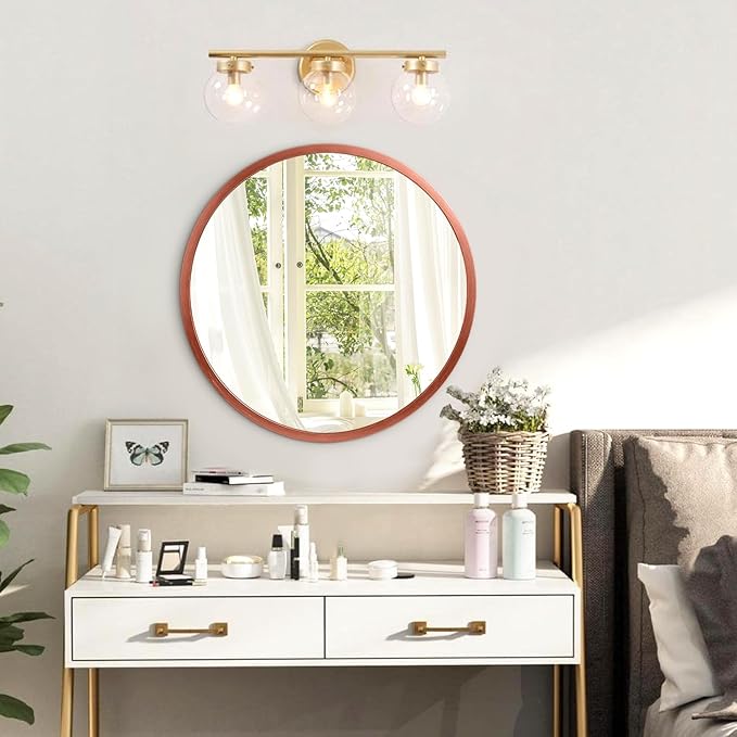 JJUUYOU Circular Wall Mirror Decorative Round Mirror for Bathroom Round Mirrors Small Red Decor Circle for Wall Metal Framed Make up Mirrors for Farmhouse Living Room Bedroom Dorm 16Inch