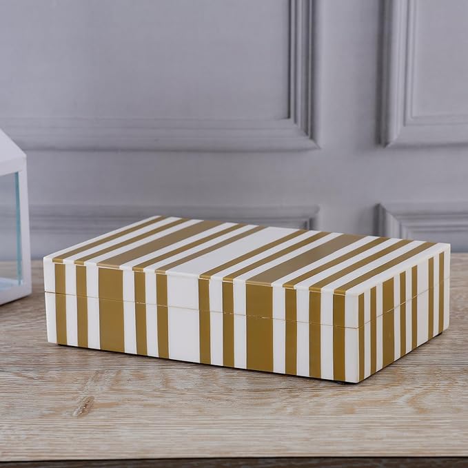 Handicrafts Home Large Decorative Storage Box with Lid– 8x5x2” Coffee Table Organizer, Keepsake-Decorative Boxes for Home Decor, Stylish Decorative Box for Office Décor-Ivory Stripped