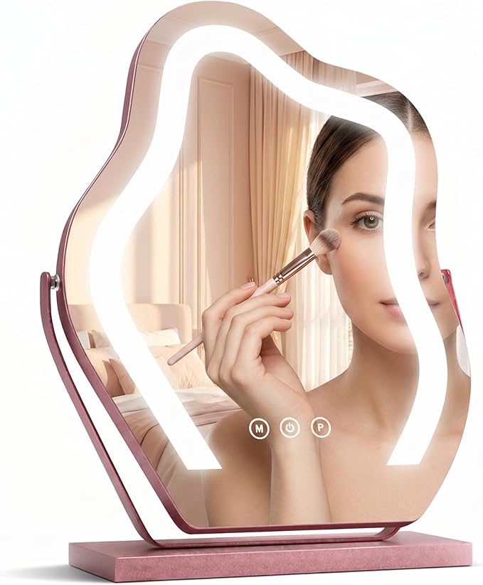 Makeup Mirror with Lights - 17″ Cloud Shaped Smart Touch 3-Color Dimmable 360° Rotation Memory Metal Frame Plug-in AC Power Tabletop Vanity Mirror Gift for Women Teen Girls Rosegold