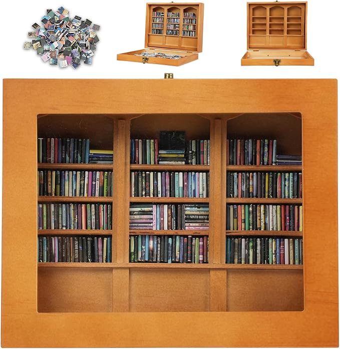 Anxiety Bookshelf - Shake Off Your Anxiety,Miniature Display Shelf,Contains 240 Miniature Book Models,Antique Style Gift Decoration Mini Bookshelf (Brown)