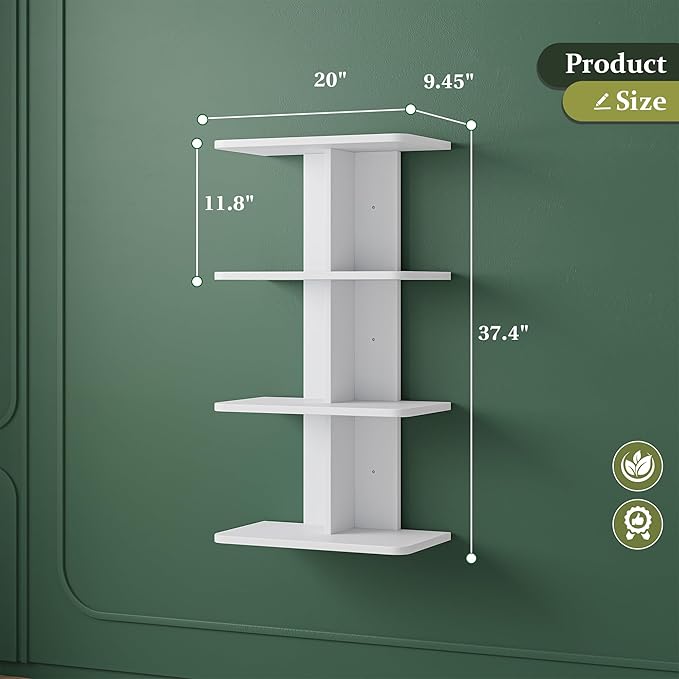 REIBII 4 Tier Wall Shelves, Vertical Column White Floating Shelves for Room Decor, Wall Mounted Shelves for Vanity, Bedroom, Living Room, Office