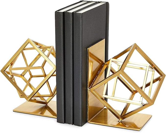 Juvale Gold Bookends - Heavy-Duty Metal Book Ends for Bookshelf Decor - Geometric Square Style for Decorative Books Display for Coffee Table & End Table Decor - 5 x 6 x 3 in, Pack of 2