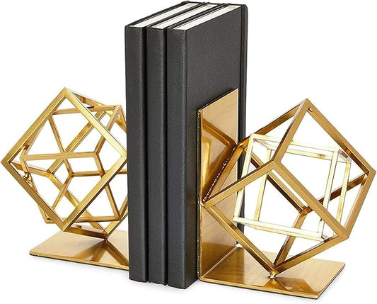 Juvale Gold Bookends - Heavy-Duty Metal Book Ends for Bookshelf Decor - Geometric Square Style for Decorative Books Display for Coffee Table & End Table Decor - 5 x 6 x 3 in, Pack of 2
