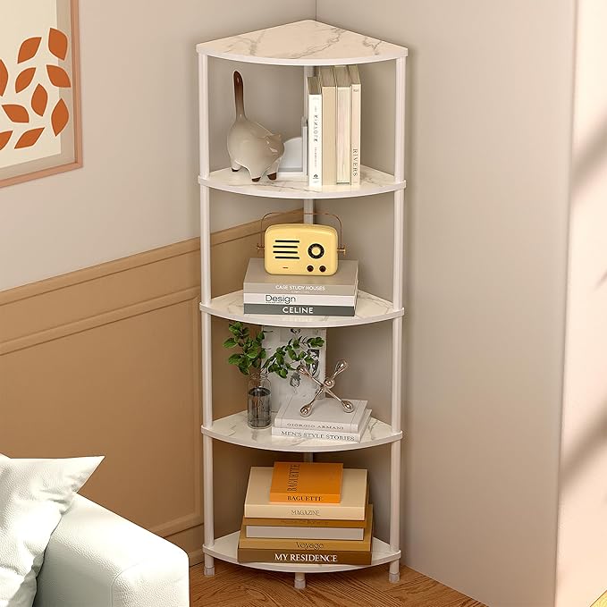 5 Tier Corner Shelf Stand, 44.1" Kitchen Shelf Organizer with Metal Frame, Small Corner Shelf for Bathroom Organization & Storage, Marble White Corner Shelf for Kitchen Decor Accessories