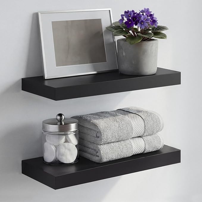 Homeforia 16 inch Black Floating Shelves, High End Solid Real Wood 16inch Bathroom Floating Shelves for Wall Mounted, 16in Wooden Small Floating Shelf, Heavy Duty Bracket, 16 X 6.5 X 1.75 in, Set of 2