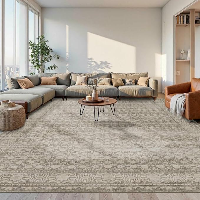 10x14 Washable Area Rug for Living Room, Extra Large Neutral Vintage Boho Rugs for Dining Room, Kids Room, Farmhouse, Durable Low Pile Non Slip Carpet for High Traffic Areas, Apricot