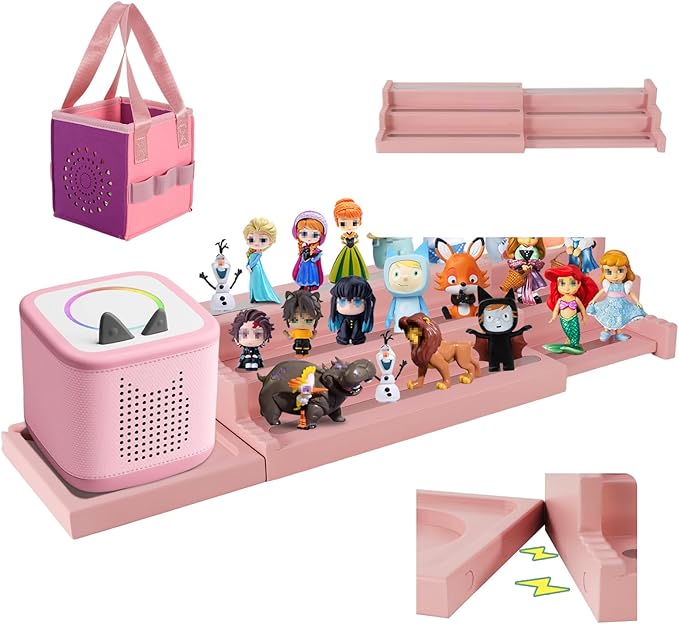 Givilio Expendable Wooden Tonie Shelf with Storage Steps - Extendable 3-Slot Organiser for Toniebox2 Toniebox1 and Tonie Figures, Perfect for Kids' Rooms & Play Areas (Pink)