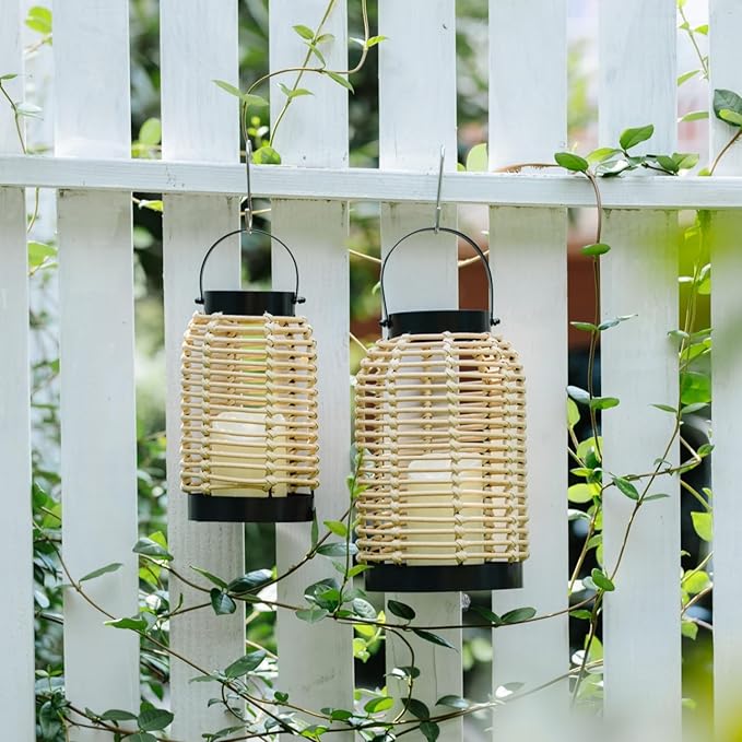14in Lanterns Decorative for Home Decor- Decorative Candle Lanterns w/ LED Candles- Boho Rattan Woven Hanging Black Lanterns Decor for Indoor, Outdoor, Patio & Porch, Tabletop, Fireplace & Mantle
