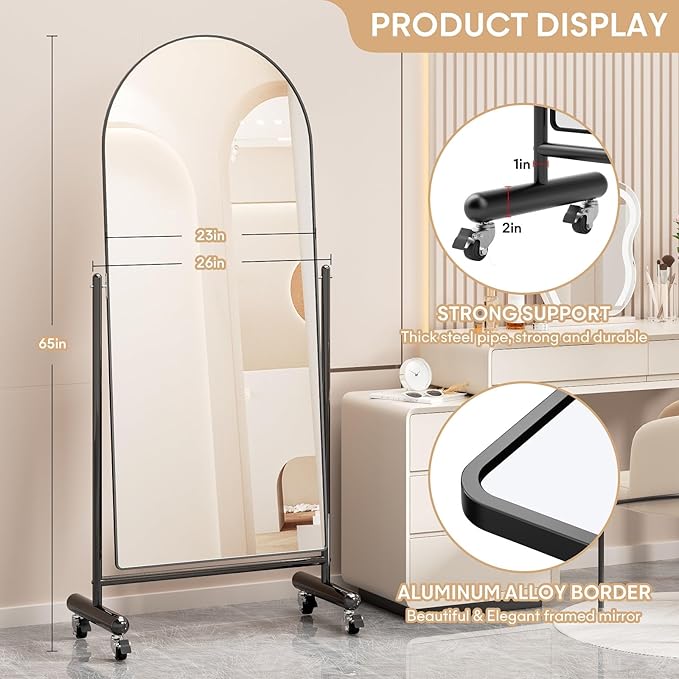 Large Arched Full Length Mirror on Wheels, Rolling Tilting Swivel Floor Mirror 65" x 23.6" with Tempered Glass and Metal Frame, Modern Dressing Mirror Body Mirror, Home Decor, Black