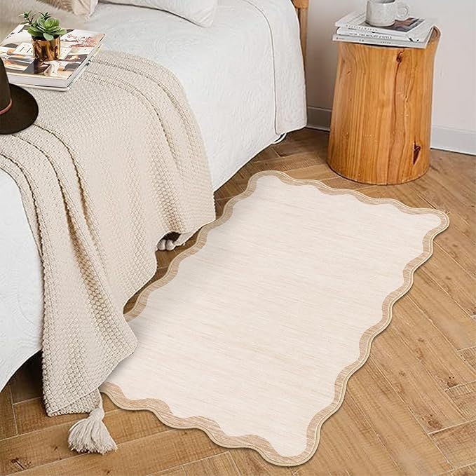 GarveeHome Scalloped Door Mat Indoor Entrance 2x3 Rug Machine Washable Boho Small Area Rug Non-Slip Low Pile Throw Rugs for Entryway Kitchen Front Door Indoor Entrance Entry Kids Room, Beige