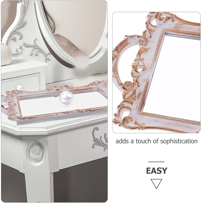 Housoutil European Vintage Gold Mirror Vanity Tray Jewelry Dish Perfume Display Organizer Plastic Makeup Storage Holder for Bedroom and Dressing Table