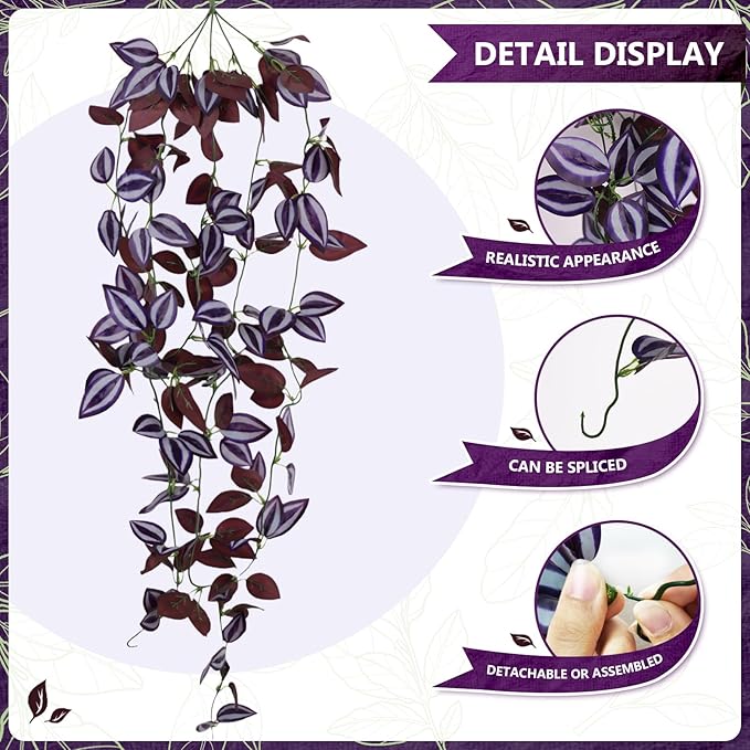 2-Pack Fake Hanging Plants, Faux Hanging Plant Artificial Greenery for Living Room Bedroom Boho Wall Shelf Indoor Outdoor Decor (Purple-Eyed Hairy Leaf)