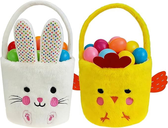 DearSun 2 Pcs Easter Basket Bunny & Chick Plush Baskets Dia 8" * H 15.7", Easter Egg Hunting Basket for Kids Gifts Party Decoration Supplies