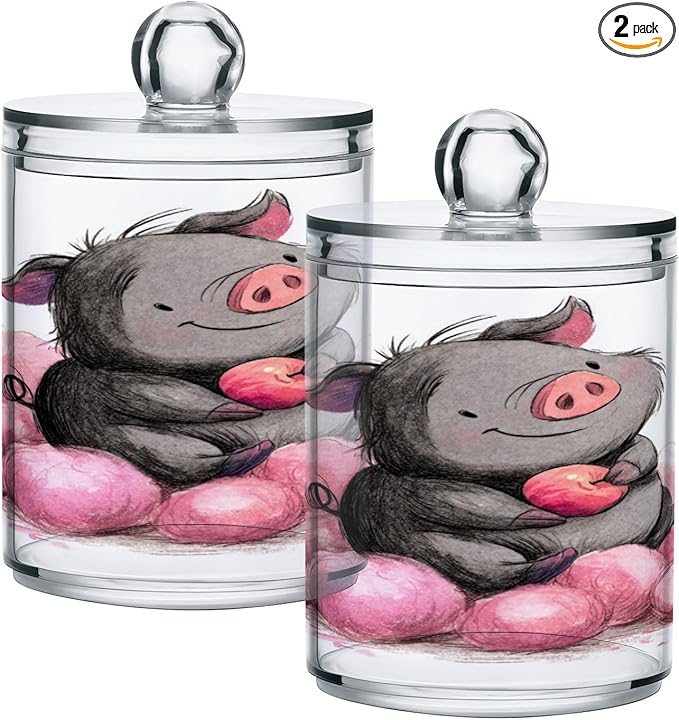 2 Pack Apothecary Jars,Charming Pig Art Bathroom Vanity Storage Organizer Set,Small Clear Plastic Storage Jars Bathroom Canister for Cotton Swabs,Rounds,Balls,Qtips,Makeup Sponges