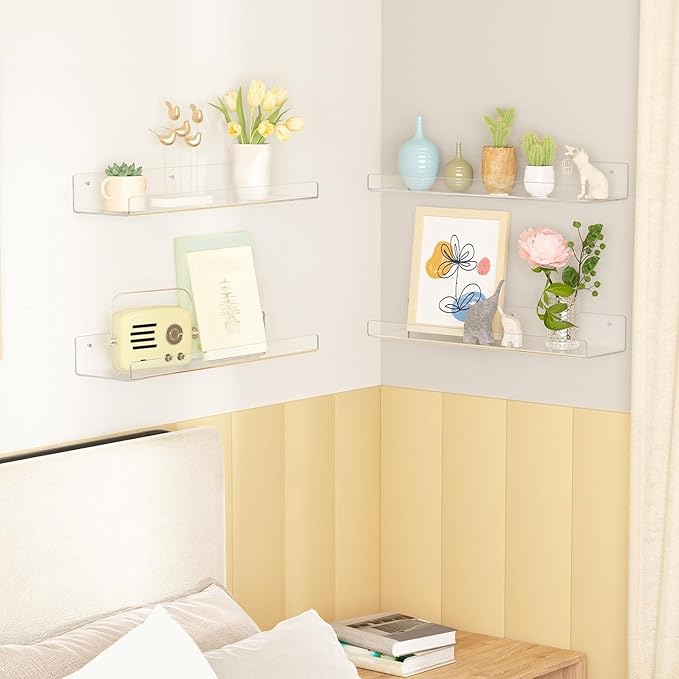 Acrylic Shelves for Bathroom Storage, 15" Floating Shelves Wall Organizer for Perfume, Make up, Skincare, Kids Bookshelf for Bedroom, Nursery, Living Room Decor, Clear 6 Pack