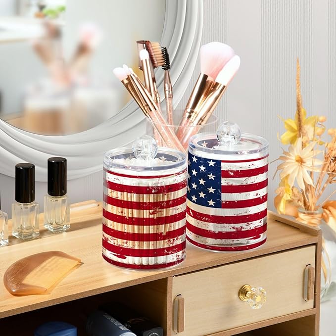 Nander 2Pack Retro American Flag Qtip Holder Dispenser -Clear Plastic Apothecary Jars Set - Restroom Bathroom Makeup Organizers Containers for Cotton Swab, Ball, Pads, Floss