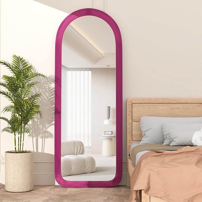 Full Length Mirror 56"x20" Arch Floor Mirror with Stand Arched Full Body Mirror Standing Hanging or Leaning Against Wall for Bedroom Flannel Wrapped Wooden Frame Pink
