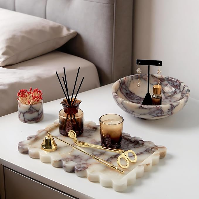 Luxury Natural Scalloped Marble Tray – 11.8 x 7.8-Inch Calacatta Viola Stone Vanity Tray, Elegant Catchall Organizer for Jewelry Perfume Keys, Unique Statement Tray for Bathroom Coffee Table & Dresser