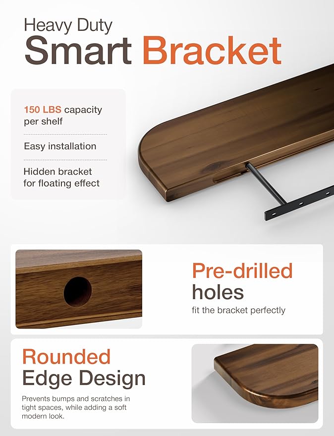 BATODA Set of 2 36” Acacia Floating Shelves for Wall (Round Edge) - Floating Bookshelf Wall - Storage Wood Shelves for House Decor, Kitchen, Bathroom - Brackets and Hardware Included (Walnut Color)