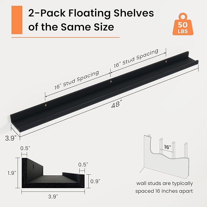 RICHFOCUS Picture Ledge Shelf, 48 inch Floating Shelves Set of 2, Wood Wall Shelves with Lip, Wall Decor Storage for Bedroom Living Room Bathroom Kitchen Nursery Photo Picture, Black