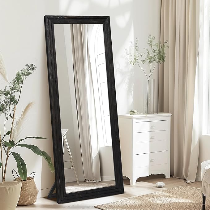 65"x22" Full Length Mirror Solid Wood Frame Floor Mirror with Stand for Living Room, Bedroom Hanging Standing or Leaning, Black