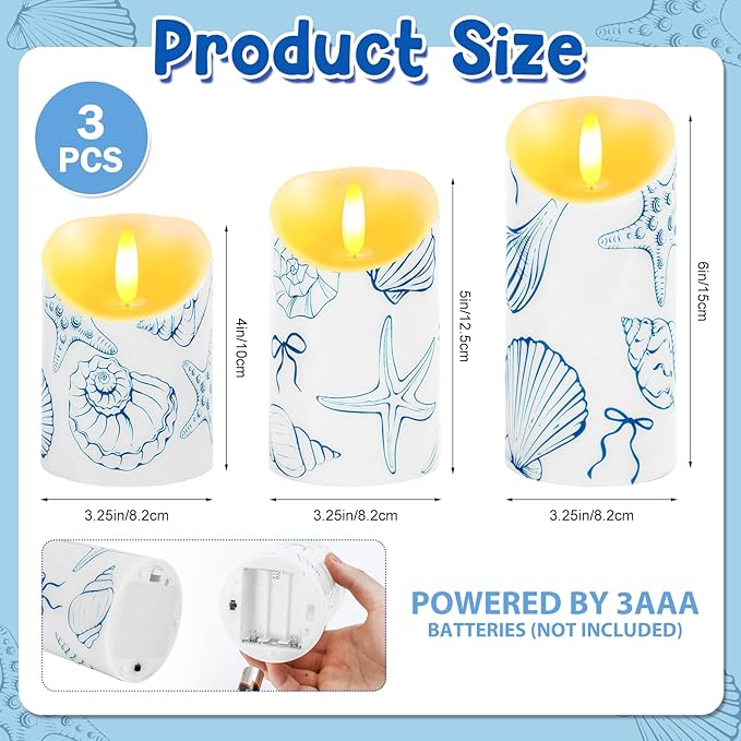 3 Pcs Blue Bow Starfish and Seashell Candles Operated LED Ocean Coastal Nautical Bow Starfish Seashell Printed Faux Candle for Under The Sea Summer Birthday Wedding Party Decor