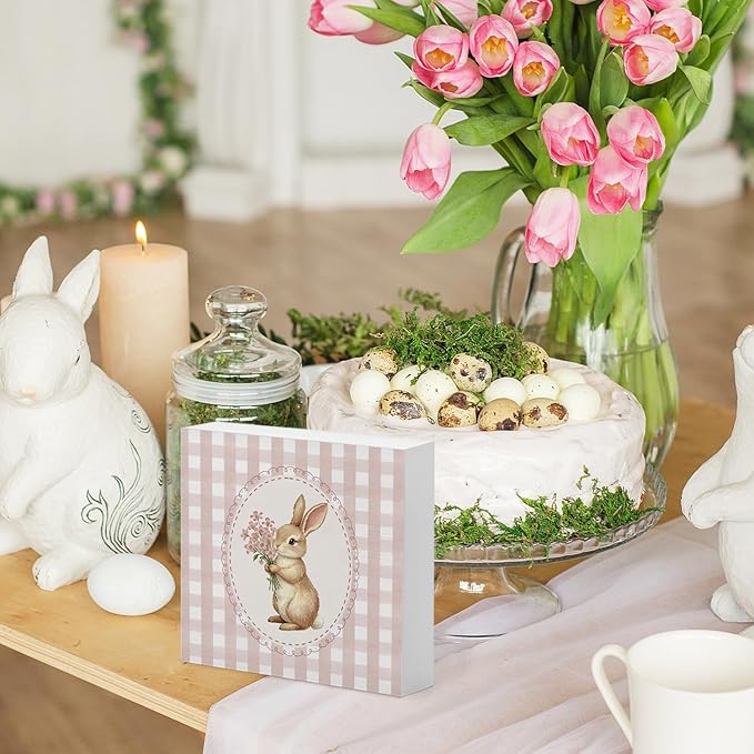 Pink Bunny Wood Box Sign Desk Decor, Bunny Decorations, Pink Easter Theme Wooden Block Box Sign Decoration for Home Office Shelf Table Decor 5x5