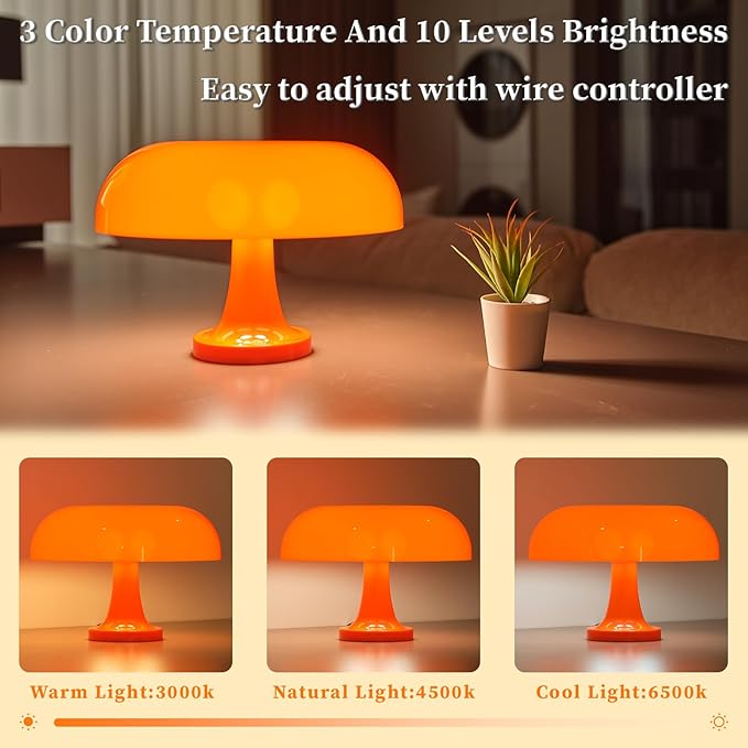 Modern Decorative Table Lamp, Mushroom Cap Design, USB Powered, 3 Lighting Modes, Dimmable, for Bedroom, Living Room Decor, Polished Plastic, Sunset Theme, Push Button Control, Adjustable Brightness