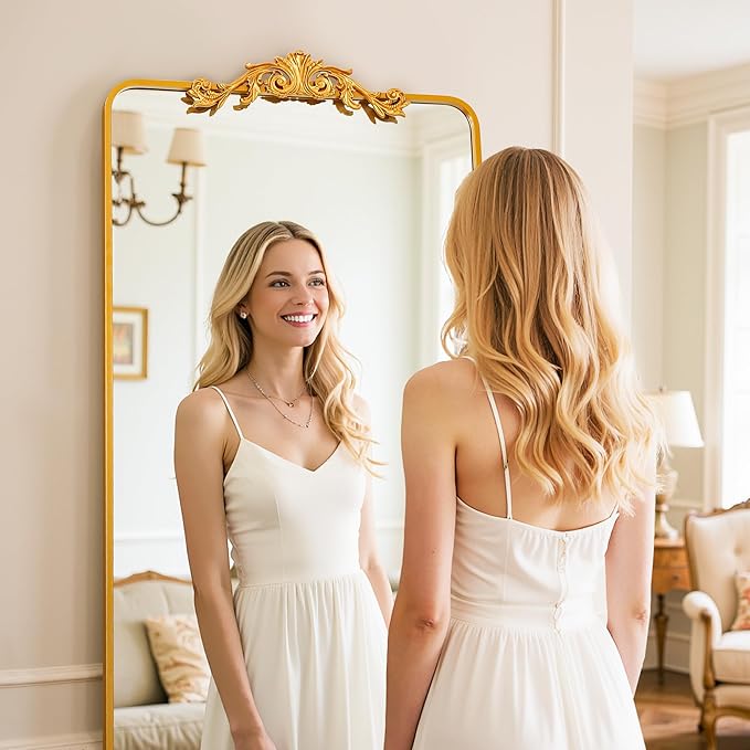Vintage Full Length Mirror, 76"x34" Floor Mirror with Carved, Full Body Mirrors for Home Decor, Standing/Hanging Large Wall Mirrors for Bedroom/Living Room/Entryway, Gold, Retro Style