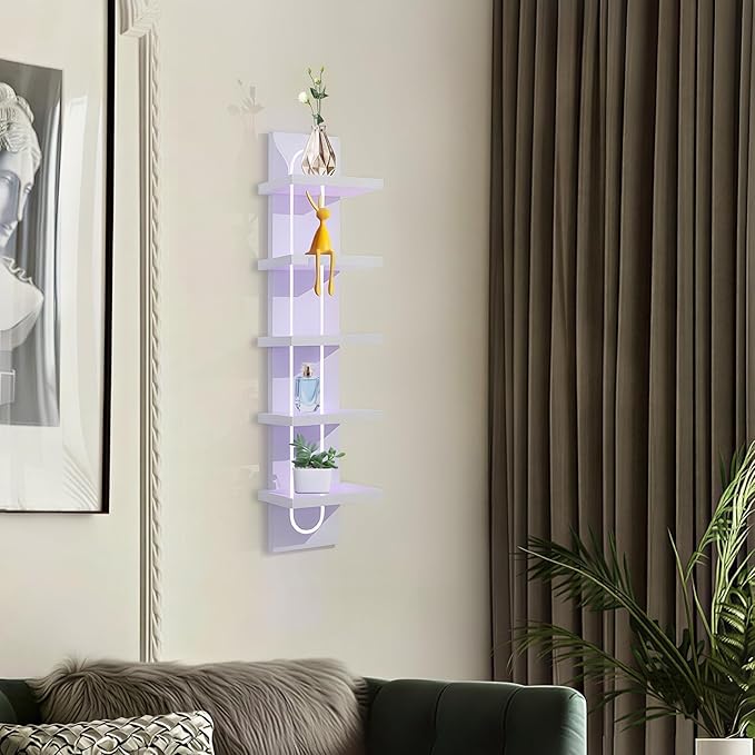 VIWODS 5 Tier Wall Shelf Unit with Light-Small Floating Shelves for Home Decor, Modern Unique Asymmetric Design for Bedroom & Living Room Storage