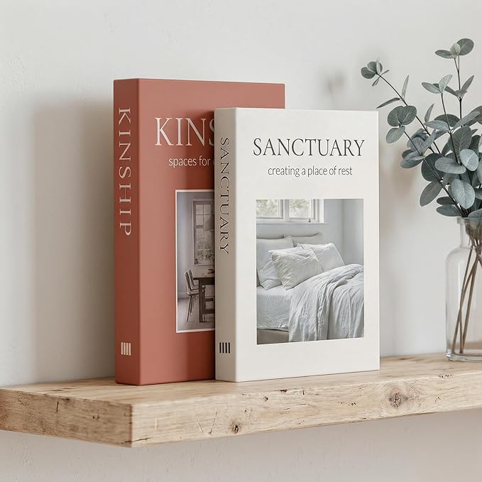 Decorative Book Boxes for Coffee Table Decor (Set of 2) - Faux Books with Hidden Storage - Modern Farmhouse Entryway & Shelf Styling Accents - Sanctuary & Kinship (Terracotta Rust & Beige)