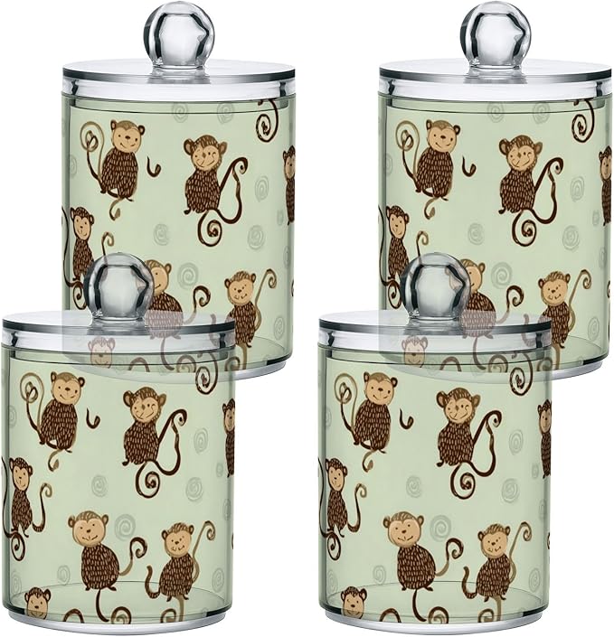 2 Pack Apothecary Jars Artistic Mint Monkey Pattern Bathroom Vanity Storage Organizer Set,Small Clear Plastic Storage Jars Bathroom Canister for Cotton Swabs, Rounds, Balls, Qtips,Makeup Sponge