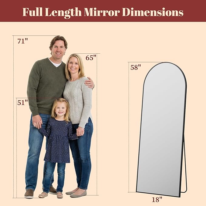 Suidia 58"x18" Arched Full Length Mirror with Stand, Full Body Mirror with Aluminum Frame, Freestanding/Leaning/Wall-Mounted, Floor Mirrors for Bedroom, Living Room, Entryway, Dressing Room, Black