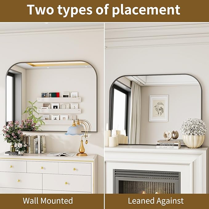 Black Arched Top Wall Mounted Mirror - 38 x 30 Inch Round Cruved Top Bathroom Vanity Mirror, Aluminum Metal Framed, Home Decor for Living Room, Bedroom, Fireplace, Mantle, Entryway