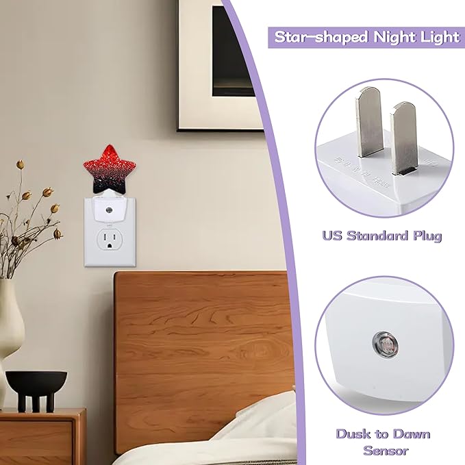Red Black Night Lights Plug Into Wall,Glitter Sparkling Dusk to Dawn Light Sensor Night Light for Kids,Energy Efficient Sleep Friendly Lamp for Bedroom Bathroom Nursery