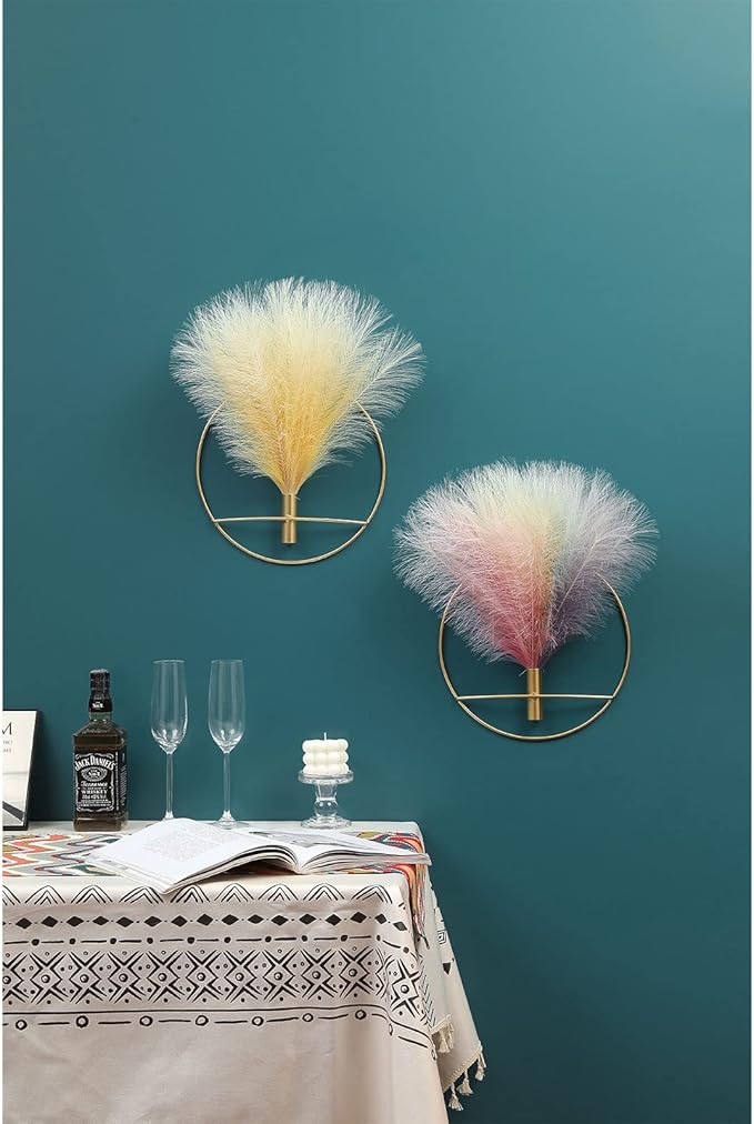 Pretty Jolly Boho Wall Decor - Hanging Artificial Pampas Display for Living Room, Bedroom, Bathroom, Dining Room - Wall-Mounted Metal Plant Art, 2 Pack Gold