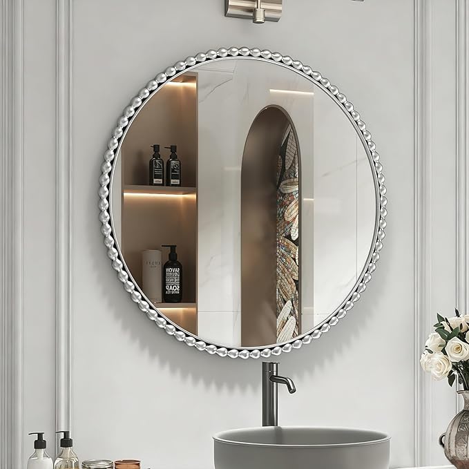 Uniclinens Beaded Round Wall Mirror 31.5" - Large Vintage Mirror Wall Decor with Metal Frame, Ideal for Entryway, Fireplace, Living Room, Hallway, Bathroom, Silver