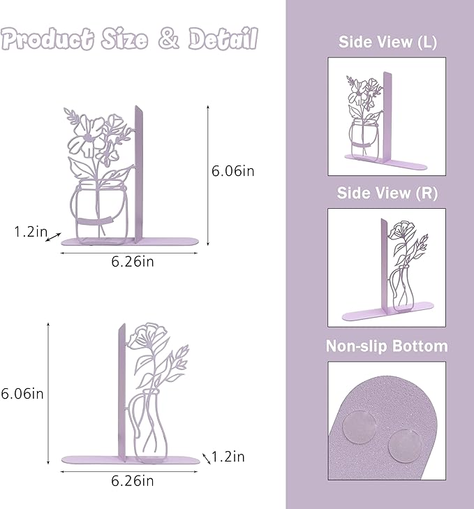 Flower Vase Bookends, Metal Decorative BookEnds for Shelves Cute Book Ends for Office Home Decor, Ideal Gift for Book Lovers (Purple)