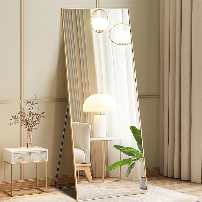 DUMOS Full Length Mirror with Stand, 56"x15" Floor Mirror with Aluminum Alloy Frame for Bedroom, Standing Full Body Mirror with Shatter-proorf Nano Glass for Wall, Living Room, Cloakroom, Gold