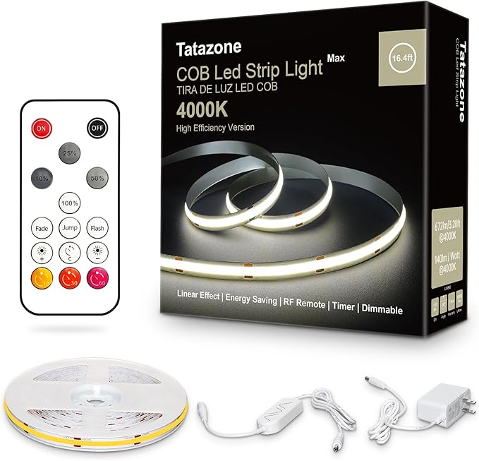 Tatazone White COB Led Strip Lights Max with RF Remote, 16.4ft 4000K Dimmable Ultra Bright Neutral White COB Light Strip, Indoor COB Led Lights for Mirror, Ceiling, Kitchen, Room, Cabinet, Closet