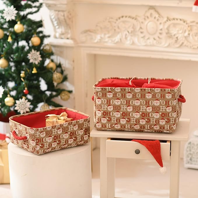 INough Christmas Baskets for Gifts Empty Festive Gift Bags Holiday Basket with Handles Collapsible Christmas Decor, Ornaments Storage Organizer for Baby Room, Kids Nursery, Home Holiday Decor