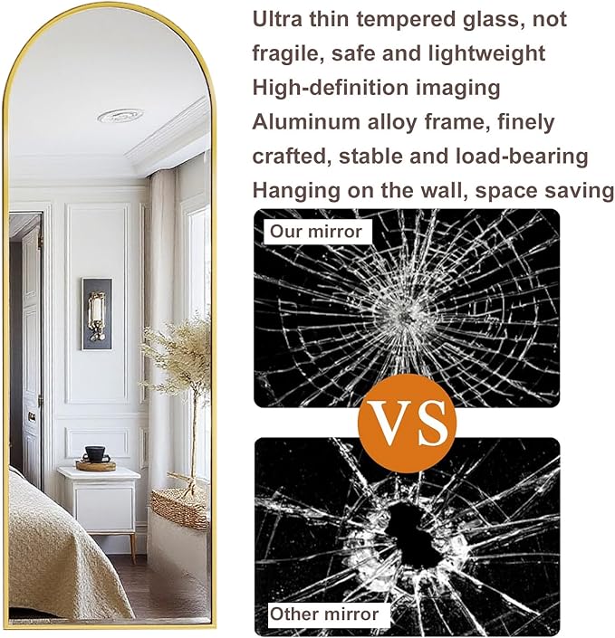 DMWOODFL Arched Over The Door Mirror 50x16 Full Length Hanging Mirror with Adjustable Height, Space-Saving, Shatterproof Tempered Glass & Aluminum Alloy Frame for Bedroom, Dorm, Entryway, Gold