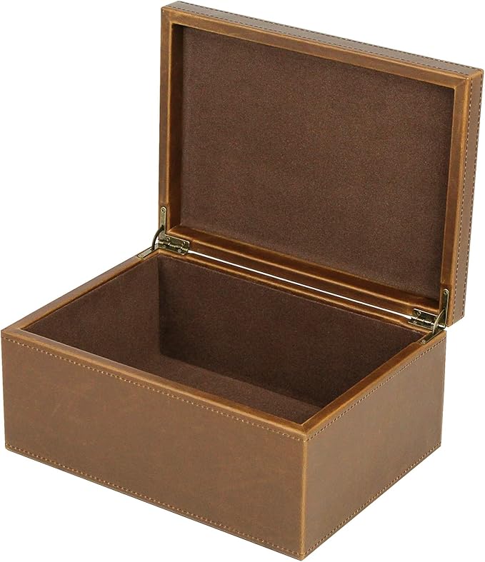 HofferRuffer Faux Leather Decorative Box, Large Wooden Structure Keepsake Box Accessory Organizer Jewelry Organizer with Hinged Lid, Storage Container for Home or Office (Brown)