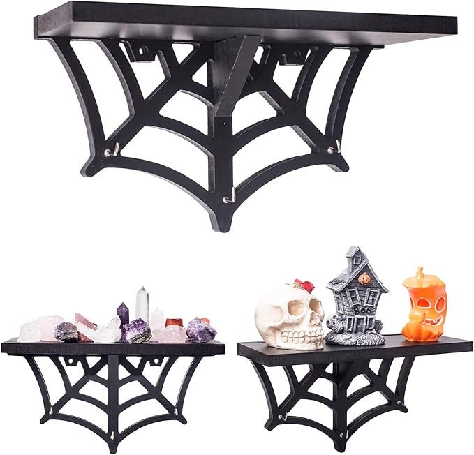 Spider Web Floating Shelf - Gothic Halloween Hanging Shelf with Hooks for Wall Oddities and Curiosities - Black Spooky Goth Wall Decor for Kitchen and Home - Crystal Display Shelf for Stones