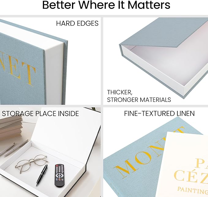 Decorative Books for Home Decor - Stackable Fake Books Storage Box for Coffee Table - Set of 2 Linen Faux Books Double as Libros Decorativos and Photo Storage, Blue