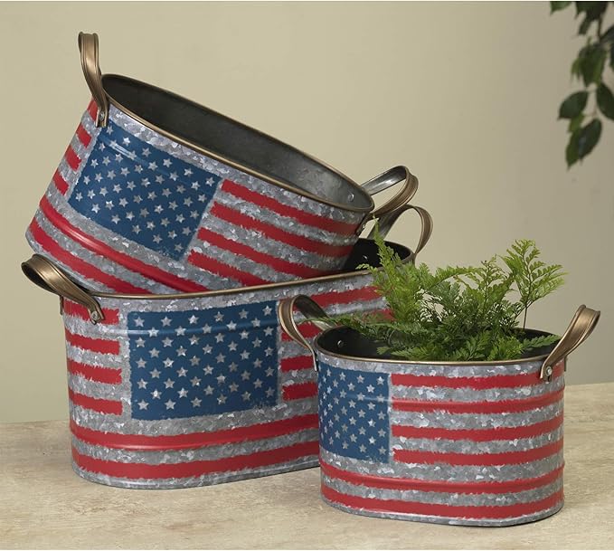 One Holiday Way Set of 3 Oval Nesting American Flag Decorative Metal Buckets – Indoor Outdoor 4th of July Country Decoration – Patriotic Home and Garden Decor