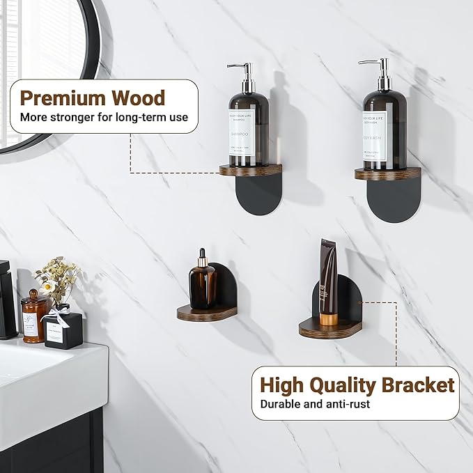 SAYAYO Small Floating Shelves for Wall Storage, 4 x 4 Inch Adhesive Wall Shelves for Bedroom Decor, Mini Display Wood Shelf Organizer with Black Base for Living Room, Office, Balcony, 4 Pcs