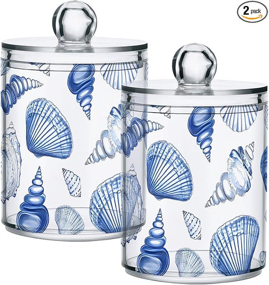 2 Pack Qtip Holder Dispenser for Cotton Ball Blue Seashells Ocean Nautical Coastal Cotton Swab Round Pads Clear Plastic Acrylic Jar Set Bathroom Canister